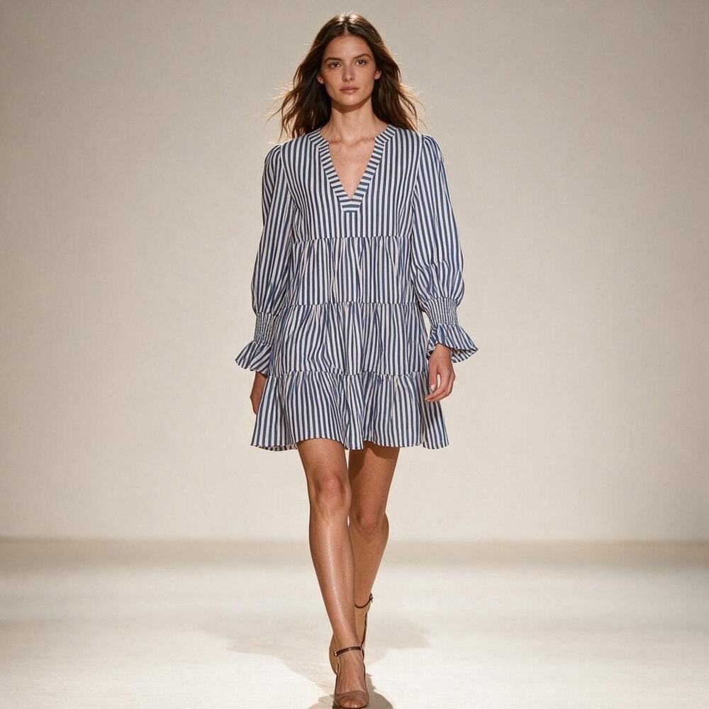 Pomander Place Blue White Striped Cotton Poplin Kenzo Tiered Dress Size M